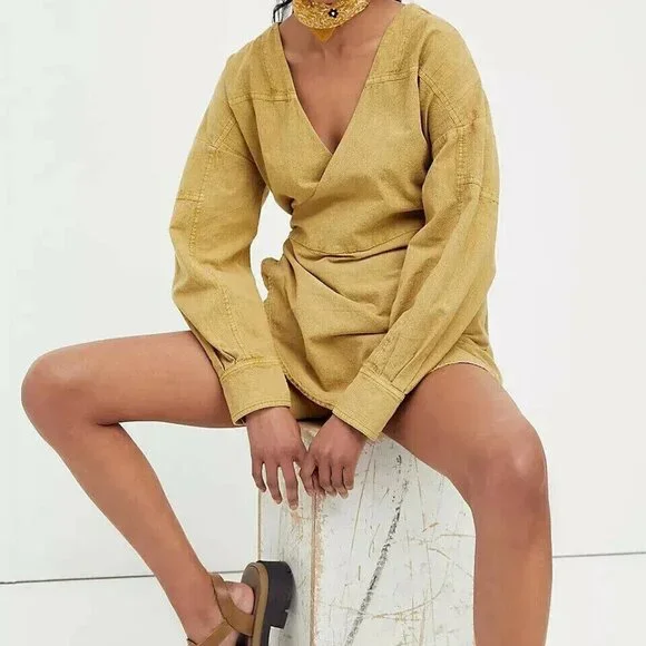 Free People Lia Wrap One Piece Romper Dress Cotton Green Clay M New 272213